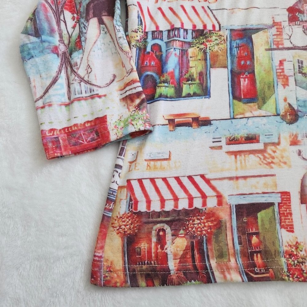 Vintage 90s French Art Print Top Large Paris Cafe J Marco Cyber Rhinestones Y2K - Picture 7 of 16
